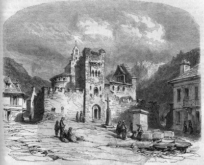 منظر خارجي لكنيسة القديس أندريه (كنيسة فرسان الهيكل) المحصنة في القرن الرابع عشر. Luz saint savior (Luz-Saint-Sauveur) ، Hautes Pyrennees (65) بواسطة المدرسة الفرنسية
