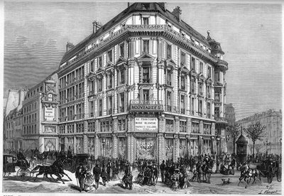 منظر خارجي لمتاجر برنتيمبس الجديدة في باريس ، في يوم افتتاح "مصاعد فيينا" في عام 1874. نقش في "" لوموند إليستري "" رقم 885 بتاريخ 28 مارس 1874. بواسطة المدرسة الفرنسية