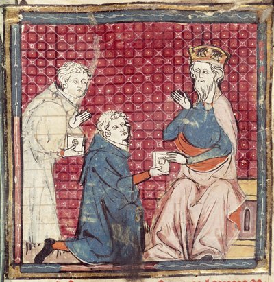 F.117r رسل يخبرون شارلمان بفوزه على المسلمين ، من Grandes Chroniques de France ، 1375-79 بواسطة المدرسة الفرنسية