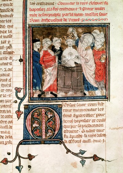 F.11r St. Remigius (c.438-533) أسقف ريمس ، يعمد ويطهر كلوفيس الأول (465-511) ملك الفرنجة ، من Grand Chroniques de France ، 1375-79 بواسطة المدرسة الفرنسية