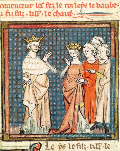 F.180r زواج لويس الثاني (846-79) Stammerer and Adelaide of Frioul ، ملكة آكيتين ، من Grandes Chroniques de France 1375-79 بواسطة المدرسة الفرنسية