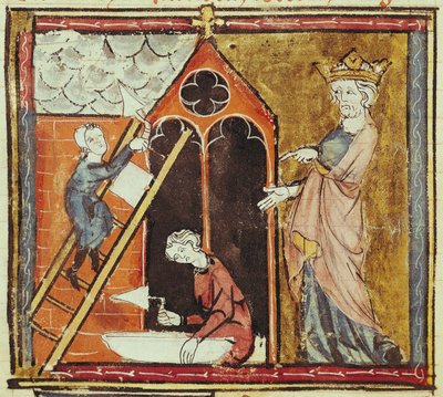 F.235v الملك لويس السادس (1080-1137) يشاهد بناء كنيسة من Grandes Chroniques de France 1375-79 بواسطة المدرسة الفرنسية
