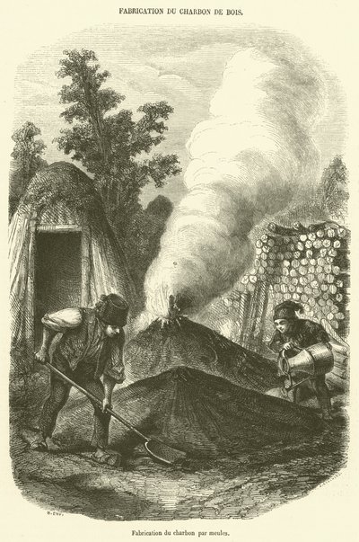Fabrication du charbon par meules (engraving) بواسطة المدرسة الفرنسية