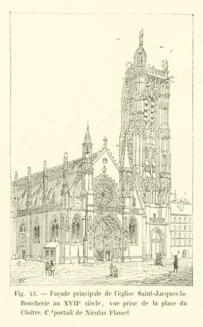 الواجهة الرئيسية لكنيسة Saint-Jacques-la-Boucherie في القرن السابع عشر ، منظر مأخوذ من Place du Cloitre ، بوابة نيكولاس فلاميل بواسطة المدرسة الفرنسية