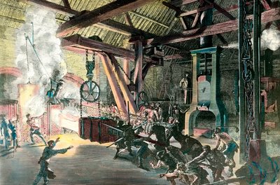 المصنع: "" Le hamteau Drummer (المطرقة-الطبال) des Forges du Creusot في عام 1865 "" نقش حوالي عام 1865. مجموعة خاصة بواسطة المدرسة الفرنسية