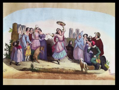 تصميم مروحة يصور مشهدًا من La Esmeralda ، أوبرا من تأليف Louise-Angelique Bertin (1805-77) بعد رواية Victor Hugo (1802-85) c.1836 بواسطة المدرسة الفرنسية