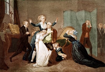 Farewell to Louis XVI by his Family in the Temple, 20th January 1793 - The last interview of Louis XVI with his family (Marie Antoinette and their children Marie Therese or Madame Royale (1778-1851) and Louis XVII (1785-1795), the eve of his execution in T بواسطة المدرسة الفرنسية