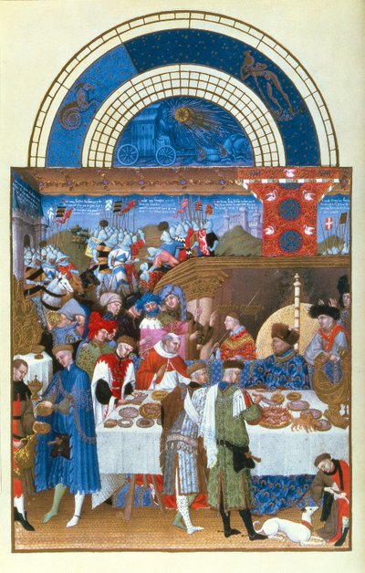 Fascimile of January: مشهد مأدبة من قبل الإخوة ليمبورغ ، من Tres Riches Heures du Duc de Berry (للأصل انظر 8433) بواسطة المدرسة الفرنسية