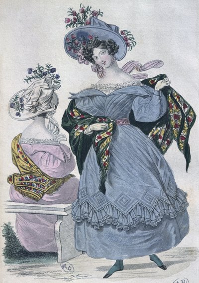 لوحة أزياء ، باريس ، رسم توضيحي من Le Petit Courrier des Dames ، 1830 (نقش ملون) بواسطة المدرسة الفرنسية