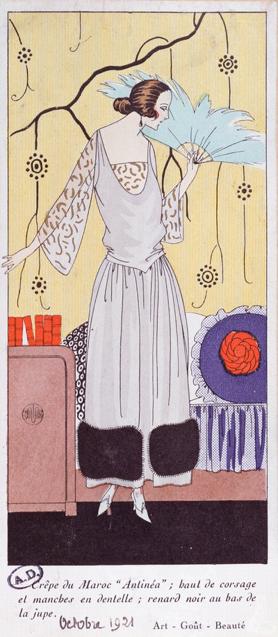لوحة أزياء تصور مروحة مصنوعة من الريش ، من Art ، Gout ، Beaute ، 1921 ، (طباعة pochoir) بواسطة المدرسة الفرنسية
