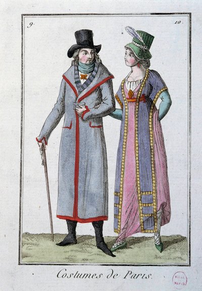 الموضة تحت Directoire: زوجان من الباريسيين الأنيقين. طباعة حجرية مجهولة عام 1795. باريس ، متحف الأزياء بواسطة المدرسة الفرنسية