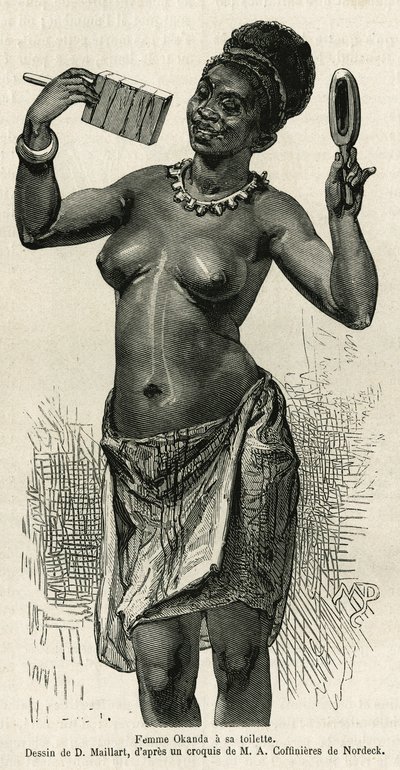 Femme Okanda has her toilet, drawing by D.Maillard, to illustrate the story of a trip to Gabon and the Ogoue River, in 1875-1877, by Alfred Marche. Engraving in Le tour du monde بواسطة المدرسة الفرنسية