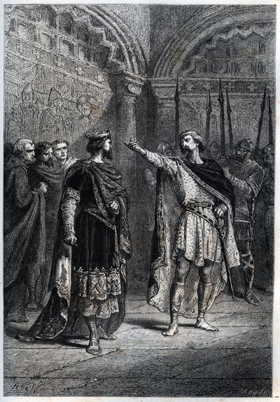 النظام الإقطاعي: "من جعلك ملكًا؟ "": Audebert (Adalbert) ، كونت Perigord (968-995) ، يرد بوقاحة على King Hugues Capet (938-996) الذي سأله عمن جعله يحسب - نقش إطار "Histoire de France" لـ Guizot بواسطة المدرسة الفرنسية