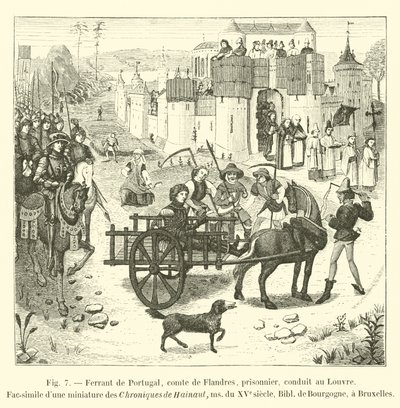 Ferrant من البرتغال ، كونت فلاندرز ، سجين ، أدى إلى متحف اللوفر ، فاكس مصغر من سجلات هينوت ، السيدة من القرن الخامس عشر ، Bibl de Bourgogne ، في بروكسل بواسطة المدرسة الفرنسية