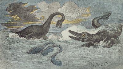 قتال بين Plesiosaurus و Ichthiosaurus في العصر Liassic أو الجوراسي (قبل 208 إلى 146 مليون سنة) ، 1880 (نقش الألوان) بواسطة المدرسة الفرنسية
