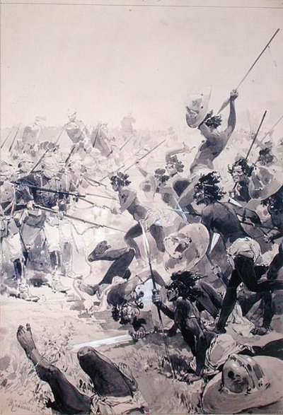 القتال بين زولوس والجنود الإنجليز ، حوالي 1878 (ألوان مائية على ورق) بواسطة المدرسة الفرنسية