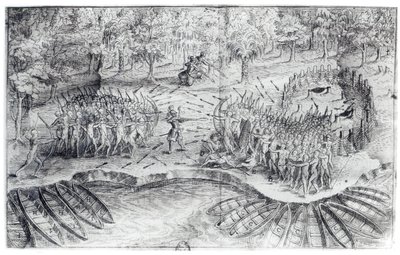 محاربة هورونز ، من "رحلة دي شامبلين عام 1624" بقلم صامويل دي شامبلين (1567-1635) بواسطة المدرسة الفرنسية