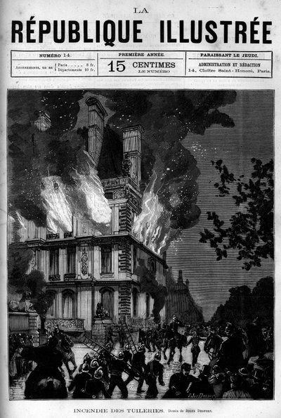 حريق جناح فلور في التويلري في باريس. جريدة. نقش من عام 1880 في المجموعة الخاصة "La republique illustree". بواسطة المدرسة الفرنسية