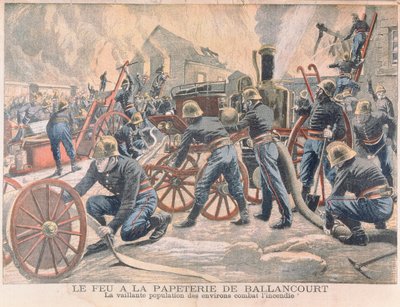 رجال إطفاء يقاتلون حريقًا في مصنع للورق في بالانكورت ، من لو بيتيت جورنال ، 1905 بواسطة المدرسة الفرنسية