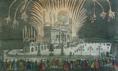 ألعاب نارية في غرين بارك للاحتفال بتوقيع معاهدة باريس عام 1763 بواسطة المدرسة الفرنسية