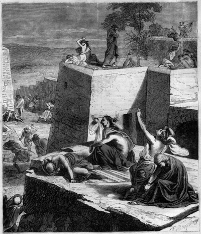 الحملة الصليبية الأولى (1096-1099): قامت الحملات الصليبية الألمانية بسحق الهنغاريين وإشعال النار في المدن. نقش في "Histoire des Papes-Rois-Queen و Empereurs a travers les years" بقلم موريس لاشاتر بواسطة المدرسة الفرنسية