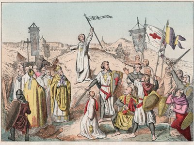 الحملة الصليبية الأولى: الحصار والاستيلاء على القدس من قبل الكروس بقيادة جودفروي (غودفروي) دي بويون (1058-1100) عام 1099 - غودفري دي بوالون عند حصار القدس - نقش نهاية القرن التاسع عشر في "" Nos Gires Nationales - صور e بواسطة المدرسة الفرنسية