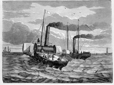 المحاولة الأولى لتركيب موصل كهربائي من دوفر إلى كاليه (1851) - في "" ألبوم العلوم ؛ علماء لامعون الاكتشافات العظيمة "" "1896. بواسطة المدرسة الفرنسية