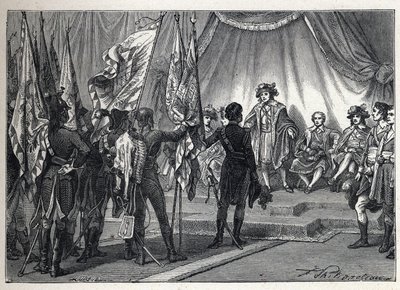 التحالف الأول: يواكيم مراد (1767-1815) يقدم للمجلس التنفيذي الأعلام التي احتلها الجيش الفرنسي بقيادة نابليون بونابرت خلال الحملة الإيطالية. نقش من عام 1889. مجموعة خاصة. بواسطة المدرسة الفرنسية