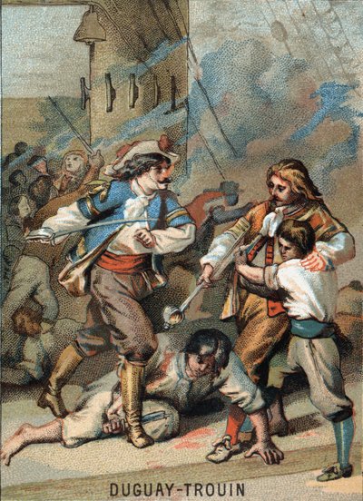 First feat of Rene Duguay Trouin (Duguay-Trouin) (Rene Trouin du Gue dit) (1673-1736), French sailor: Duguay - Trouin combattant Wassenaer (1695). Chromolithography of the Series “” Patriotic Education through Image””. بواسطة المدرسة الفرنسية