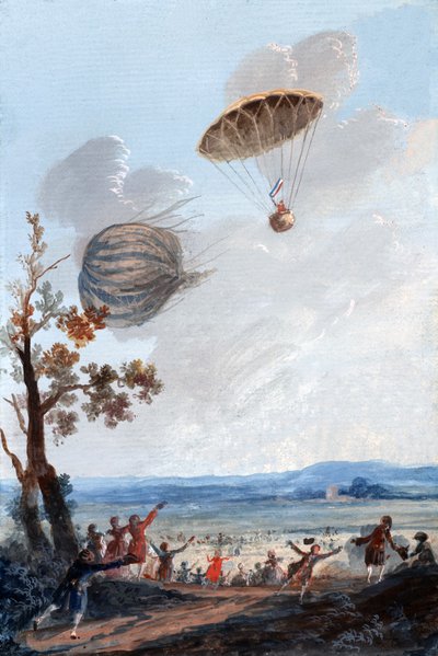 أول رجل ينزل في مظلة ، 22 أكتوبر 1797 ، في بارك مونسو ، باريس ، c.1797 بواسطة المدرسة الفرنسية