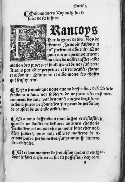 الصفحة الأولى من قانون Villers-Cotterets ، 1539 (ورقة مطبوعة) بواسطة المدرسة الفرنسية