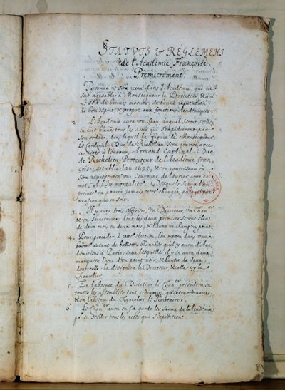 الصفحة الأولى من النظام الأساسي للأكاديمية الفرنسية ، 1635 (حبر على ورق) (انظر أيضًا 179947) بواسطة المدرسة الفرنسية
