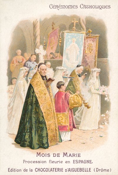 Floral procession in honour of the Virgin Mary in the month of May, Spain (chromolitho) بواسطة المدرسة الفرنسية