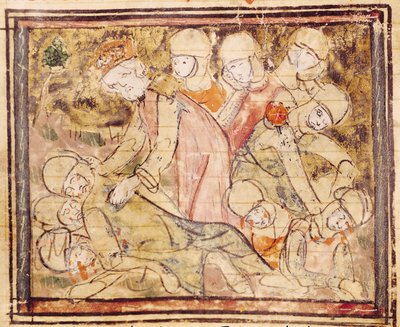 الورقة ١٣٦ ظ كيف وجد شارلمان (٧٤٢-٨١٤) رولاند ميتًا ، من Grandes Chroniques de France ، 1375-79 بواسطة المدرسة الفرنسية