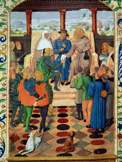 الورقة ١٨٥ ظ شارل السابع (١٤٠٣-١٦١) تعطي وثيقة لجون دارك (١٤١٢-٣١١) من Le Jouvencel بقلم جان دي بويل (1405-78) بواسطة المدرسة الفرنسية