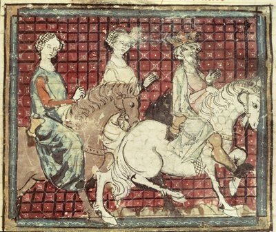 Fol.31r Chilperic I (543-97) و Fredegonde على ظهور الخيل ، من Grandes Chroniques de France ، 1375-79 بواسطة المدرسة الفرنسية
