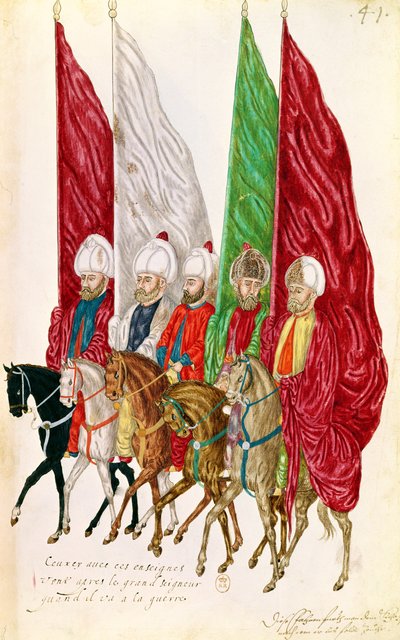 الورقة 41 من الرجال الذين يتبعون المعايير بعد سيطرة الحرب ، من كتاب "Meurs et Costumes des Pays Orientales et Habillements de Different Pays" ، نسخة من أصل 1513 بواسطة المدرسة الفرنسية