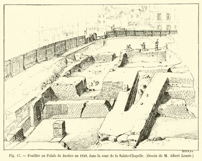 حفريات في قصر العدل عام 1848 ، في فناء كنيسة سانت تشابيل ، رسم م ألبرت لينوار بواسطة المدرسة الفرنسية