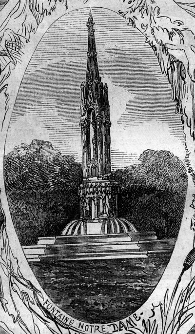 نافورة باريس: منظر لنافورة العذراء (نافورة نوتردام) (حوالي 1845). نقش في "" Le Monde Illustré "" رقم 254 بتاريخ 22 فبراير بواسطة المدرسة الفرنسية
