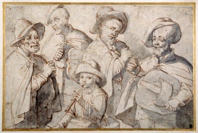 Four hurdy-gurdy players and a boy with a pipe, School of Lorraine (pen & ink with wash on paper) بواسطة المدرسة الفرنسية