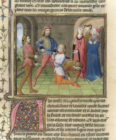 Fr.120 f.522v فارس لانسلوت من قصة لانسلوت في لا كوايت دي سان جرال بواسطة المدرسة الفرنسية
