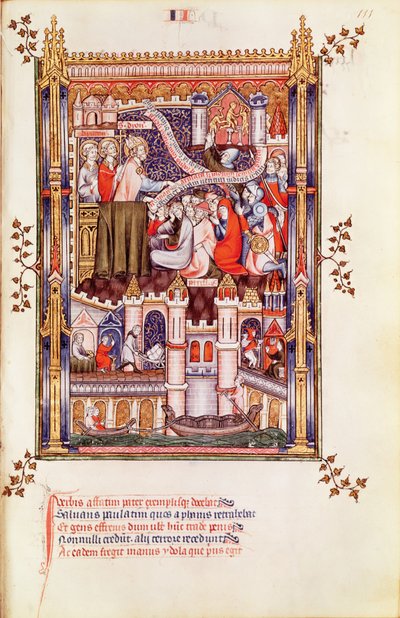 Fr 2091 fol.111 القديس دينيس الوعظ للباريسيين الذين كسروا أصنامهم الوثنية ، من Vie de St. Denis ، 1317 بواسطة المدرسة الفرنسية