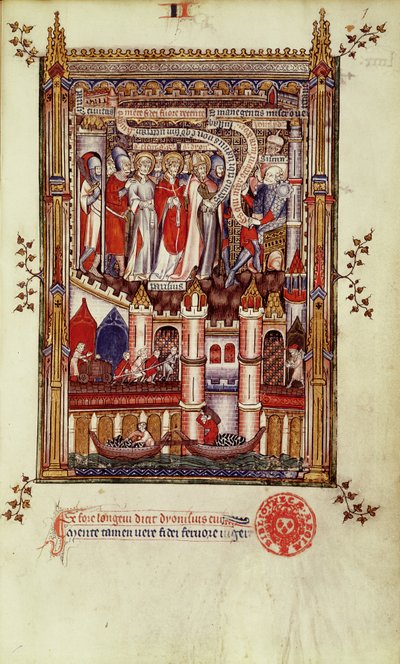 Fr 2092 f.1 الاستجواب الأول لسانت دنيس ورفاقه بواسطة Sisinnius ، من Vie de St. Denis ، 1317 بواسطة المدرسة الفرنسية