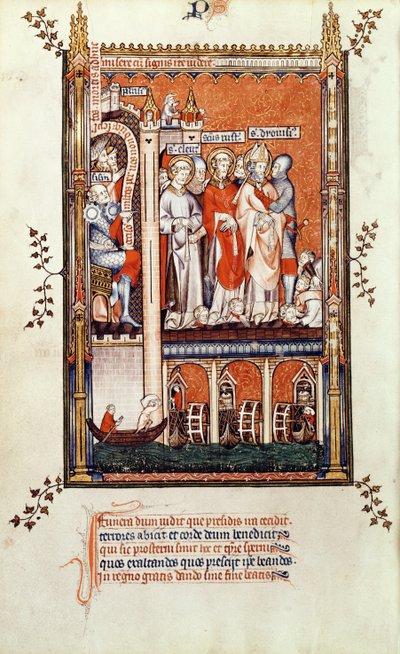 Fr 2092 f.37v Sisinnius يُظهر جثث الشهداء الآخرين للقديس دينيس ورفاقه ، من Vie de St. Denis ، 1317 بواسطة المدرسة الفرنسية