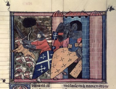 Fr 22495 fol.115r صليبيون يقاتلون ضد المسلحين في c.1185 ، من Le Roman de Godefroi de Bouillon بواسطة المدرسة الفرنسية