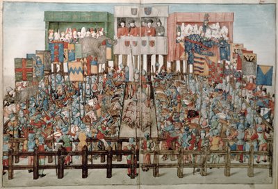 الاب 2692 f.62v-63r الملك رينيه يترأس البطولة ، من Livre des Tournois de Rene dAnjou ، c.1488-89 بواسطة المدرسة الفرنسية
