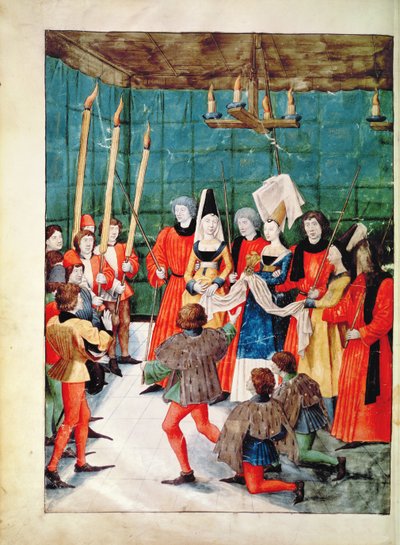 Fr 2692 f.70v الملكة تقدم الجائزة لبطولة مبارزة ، من Livre des Tournois de Rene dAnjou ، c.1488-89 بواسطة المدرسة الفرنسية