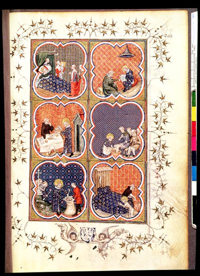 Fr 2813 f.265 ستة مشاهد من حياة سانت لويس (1215-70) ، من Grandes Chroniques de France ، 1375-79 بواسطة المدرسة الفرنسية