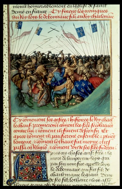 الاب 6465 f.140 Lothair I (795-855) امبراطور الغرب في قتال مع اخوته لويس الالماني (c.804-76) وتشارلز اصل (823-77) في Fontenoy en Puisaye في 841 بواسطة المدرسة الفرنسية