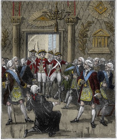 Franc-Maconnerie (Franc Maconnerie) في فندق de Soisson في باريس في يونيو 1745: توقف حفل Franco-macon بوصول مفوض الشرطة. نقش في "باريس عبر القرون" ، جوردون دي كينويلاك 1880.. بواسطة المدرسة الفرنسية